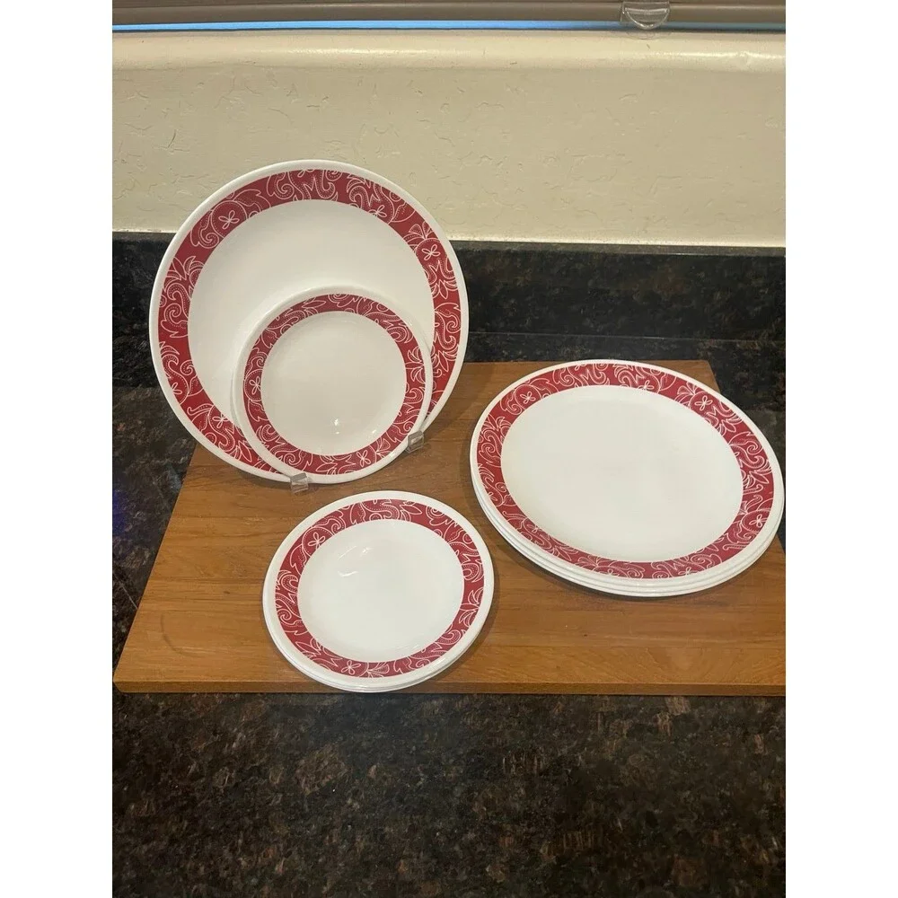 Corelle Bandhani Red White 4 Dinner and 4 salad plates